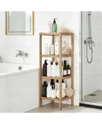 4-Tier Bamboo Shelf Narrow Bathroom Shelf with Slatted Shelves Wood Plant Stand Standing Towel Rack Corner Rack