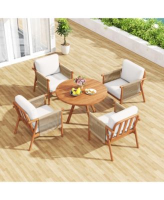 Acacia Wood Patio Chair with Woven Rope Armrests and Cushions