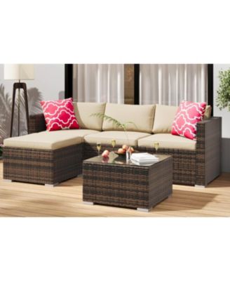 5-Piece All-Weather Wicker Patio Sectional Sofa Set with Ottoman and Glass Table