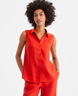 Women's 100% Linen Sleeveless Button-Front Shirt