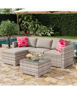 5-Piece Outdoor Sectional Sofa Set, All-Weather PE Rattan Patio Furniture with Ottoman and Tempered Glass Table