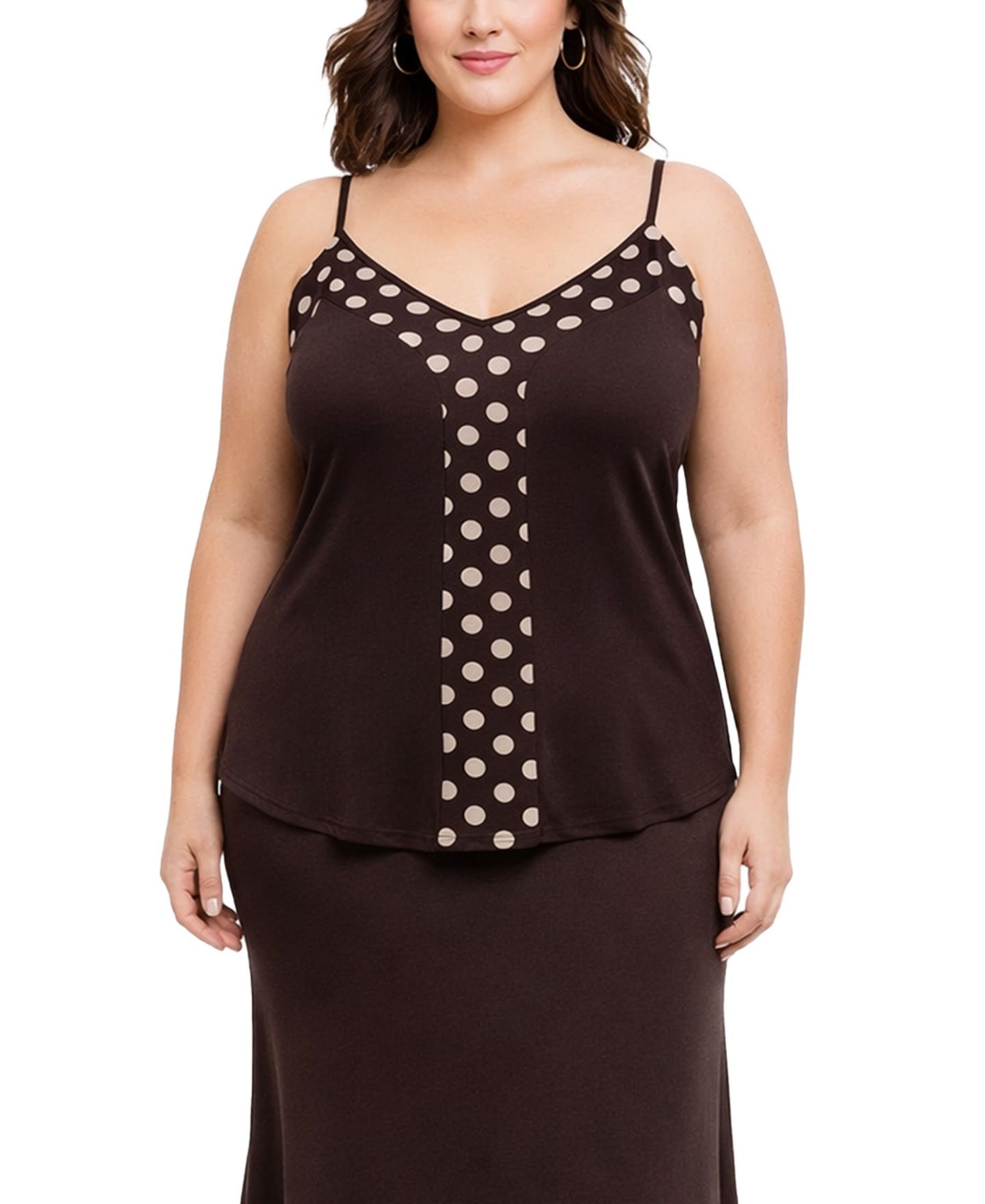 Женский топ COIN 1804 Plus Size Polka Dot Mesh Panel Cami Top, цвет: Коричневый / Слоновая кость — фото 1