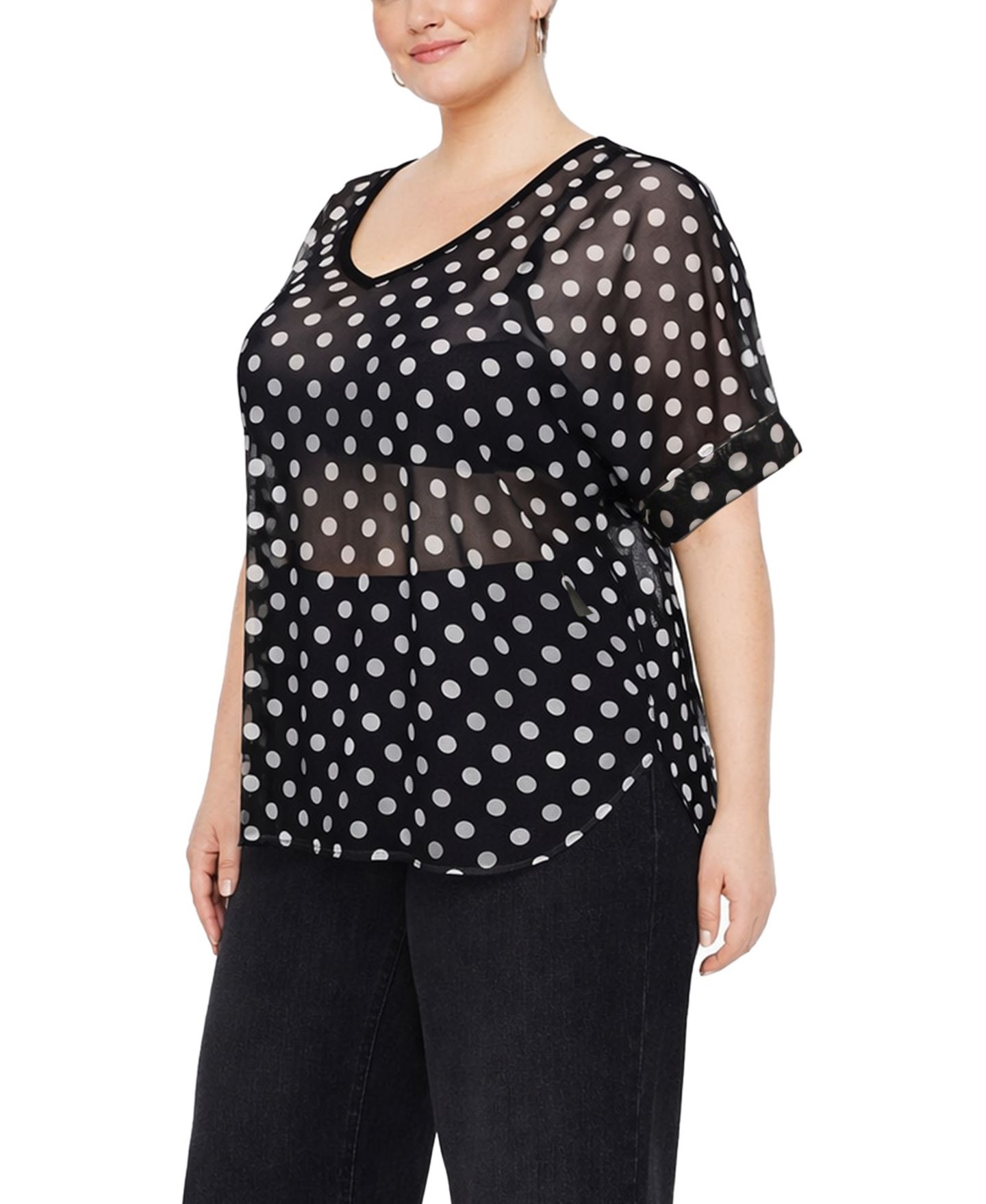 Женский топ COIN 1804 Plus Size Polka Dot Mesh Rolled-Sleeve, цвет: Чёрный / Слоновая кость — фото 3