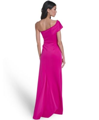 Women's Asymmetric-Neck Side-Pleat Scuba Gown
