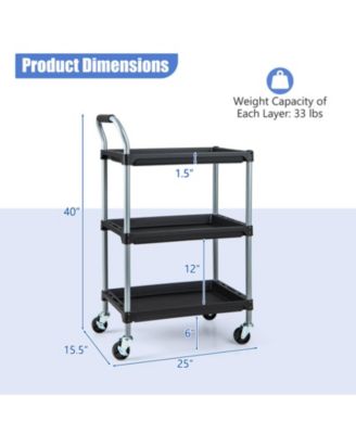 3-Tier Utility Rolling Cart with PP Shelves and Locking Wheels