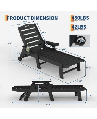 5-Position Adjustable HDPE Folding Chaise Lounge Set Outdoor Recliners with Cup Holder, Wheels, Resin, for Poolside, Garden 2 Pack