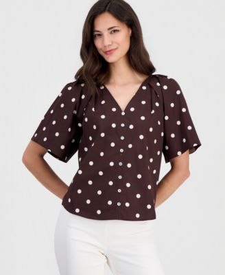 Women's Printed V-Neck Pleat-Shoulder Blouse 