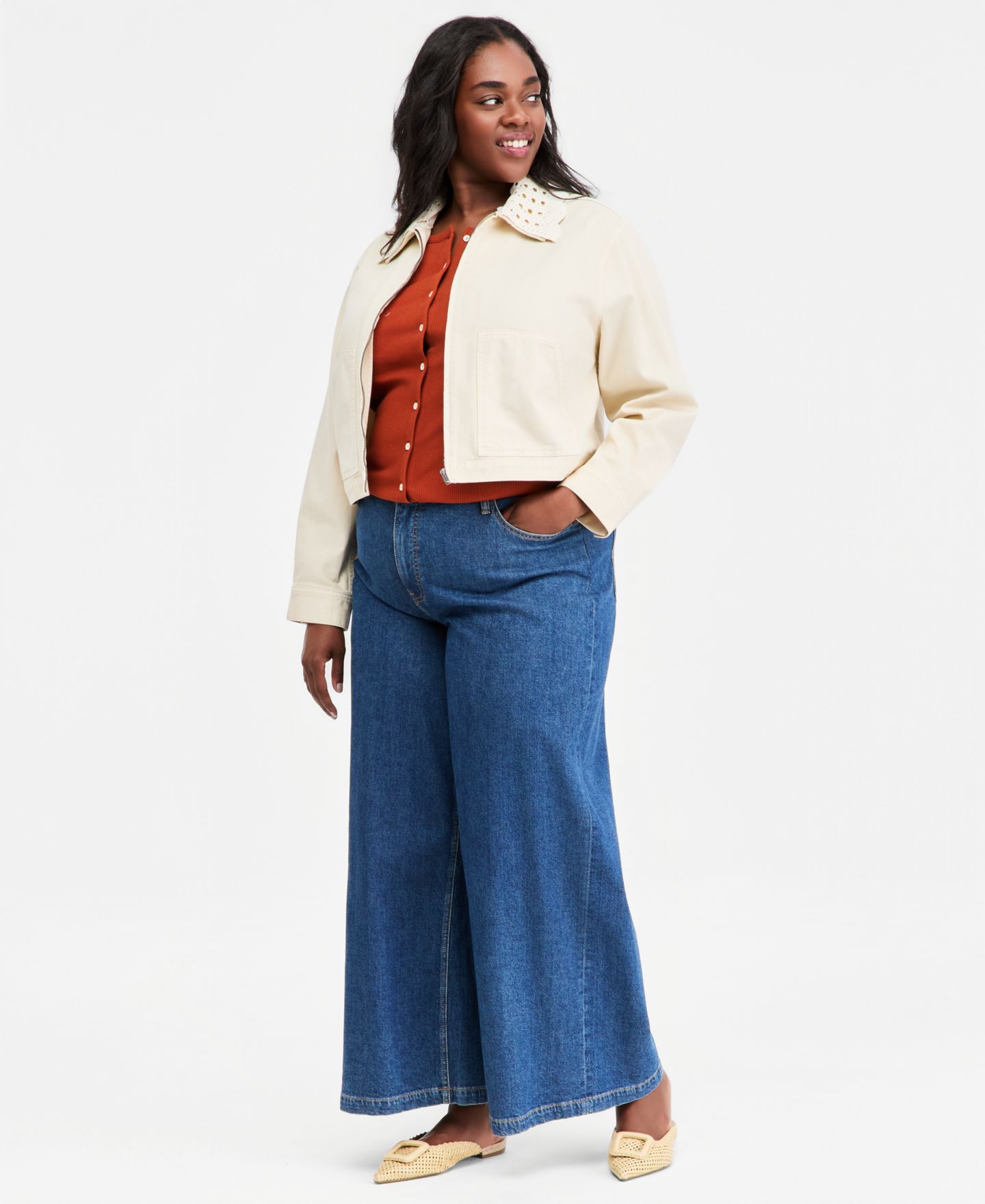 Женская куртка On 34th Plus Crochet Collar Cropped Denim Jacket, цвет: Экрю варёный — фото 2