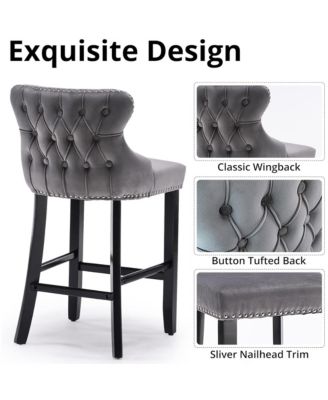 Velvet Wingback Bar Stools Set of 2, Counter Height Chairs with Solid Wood Legs, Button Tufted and Nailhead Trim for Kitchen Island