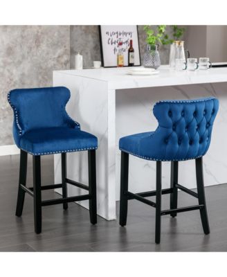 Velvet Wingback Bar Stools Set of 2, Counter Height Chairs with Solid Wood Legs, Button Tufted and Nailhead Trim for Kitchen Island