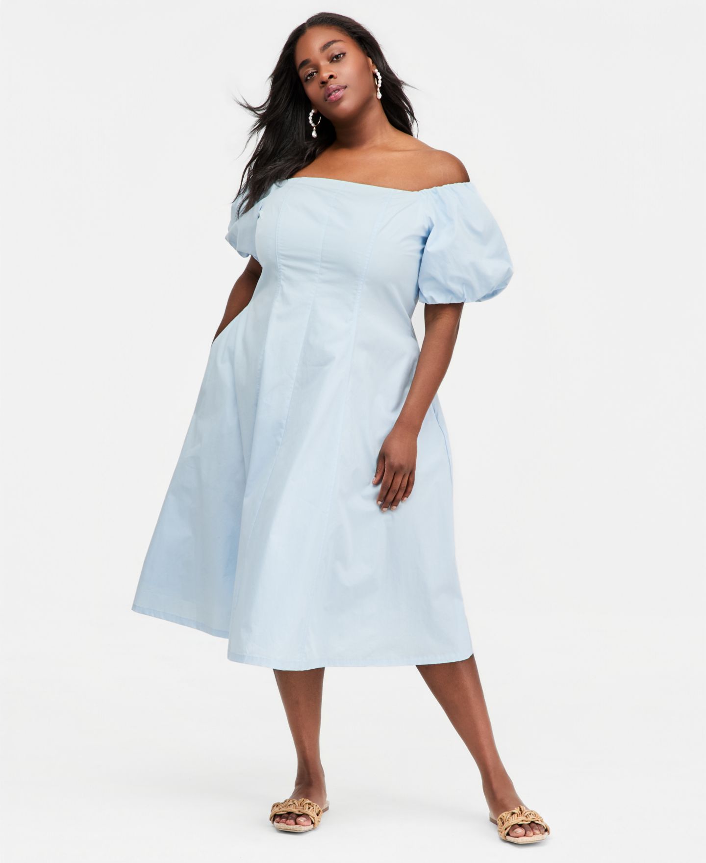 Женское платье On 34th Plus Size Off-The-Shoulder Puff-Sleeve Midi, цвет: Бриллиантовый синий — фото 1