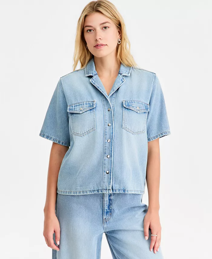 Women's Soft Denim Button-Front Short-Sleeve Shirt