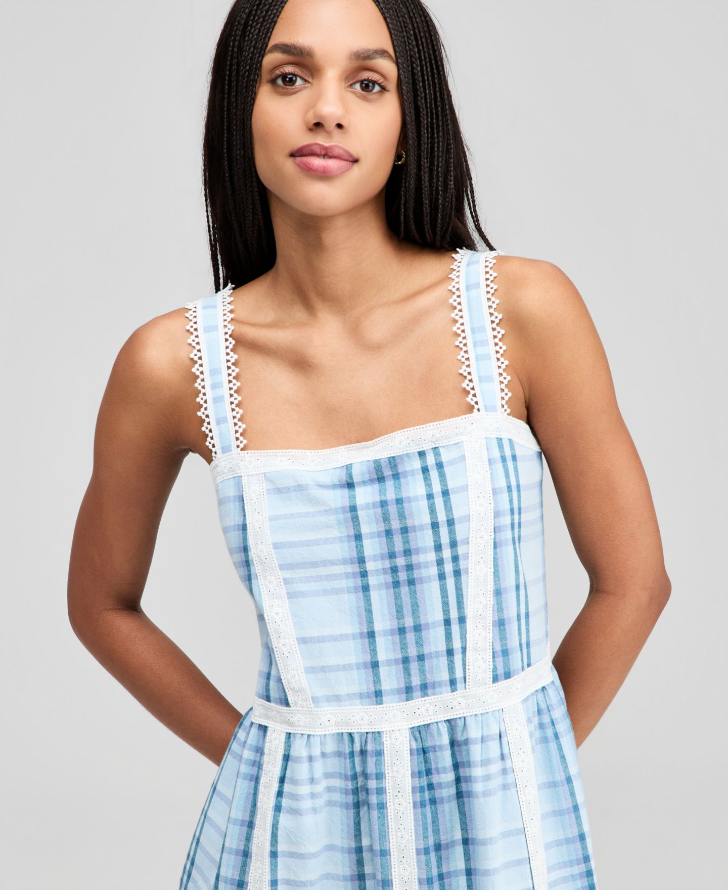 Женское платье And Now This Cotton Plaid Lace-Trim, цвет: Синий клетчатый — фото 3