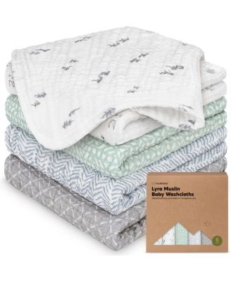 5-Pack Lyra Muslin Baby Washcloths, Large 12x12, Soft Absorbent Cotton Muslin Wash Cloths, Burp Rags, Face Cloth Towel