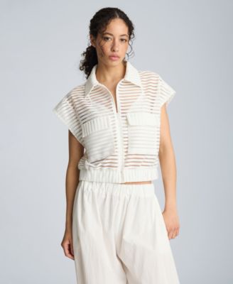 Women's Rib Mesh Sleeveless Cardigan with Chest Pockets