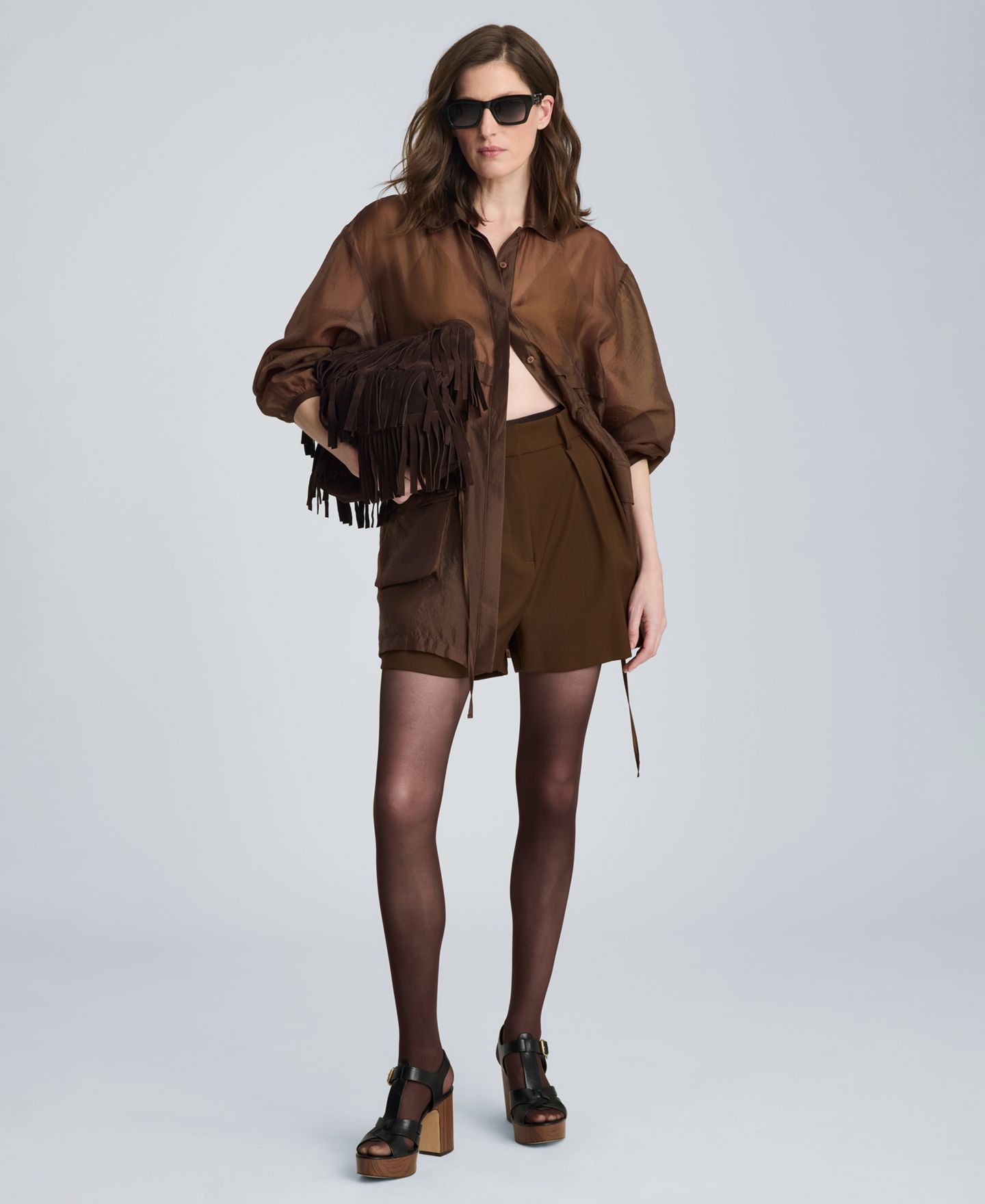 Женские куртки Kenneth Cole Cinch Waist Sheer Shacket, цвет: Коричневый — фото 2