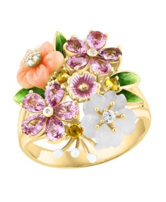 Pink Mother of Pearl (7/10 ct. t.w.), Multi Gemstone (3-1/12 ct. t.w.) and Diamond (1/25 ct. t.w.) Ring in 14k Yellow Gold