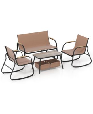4 Pieces Patio Furniture Set with Rocking Bistro Chairs and Breathable Mesh Fabric-Coffee