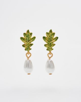 Oak Leaf Pearl Drop Gold Earrings