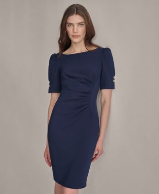 Petite Ruched Jewel Neck Sheath Dress