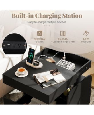 2-Piece Nightstand with Charging Station Drawer Sliding Top Storage Tray Open Shelves