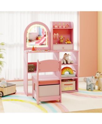 Kids Makeup Vanity Desk and Chair Set with 3-Color LED Mirror