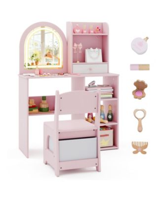 Kids Makeup Vanity Desk and Chair Set with 3-Color LED Mirror