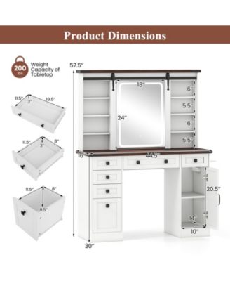Farmhouse Vanity Desk with Barn-Style Sliding Mirror and 3 Lighting Modes