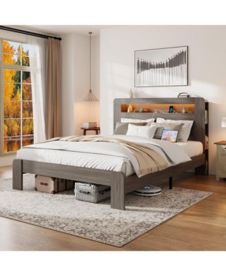 Bed Frame Queen Size, Wood Platform Bed Frame with Storage LED Light Headboard and 2 USB