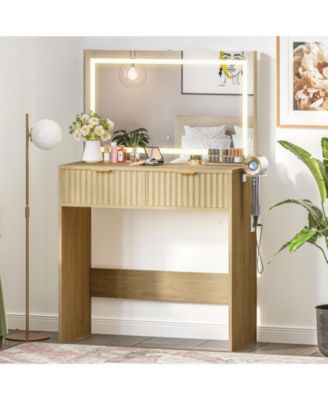 Fluted Vanity Desk with LED Mirror, 3-Color Lighting, 2 Drawers, Power Outlet and USB, Hair Dryer Holder, Oak Storage Vanity for Bedroom