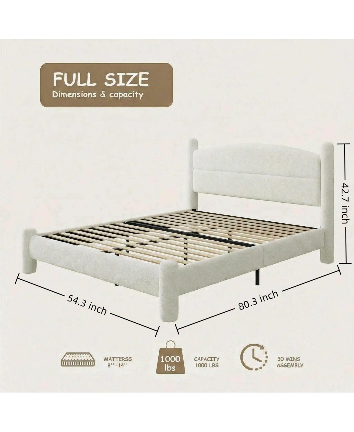 Homfan Boucle Bed Frame, Upholstered Platform Cloud Bed with Soft Round Headboard, Heavy Duty and Noise Free, No Box Spring Needed