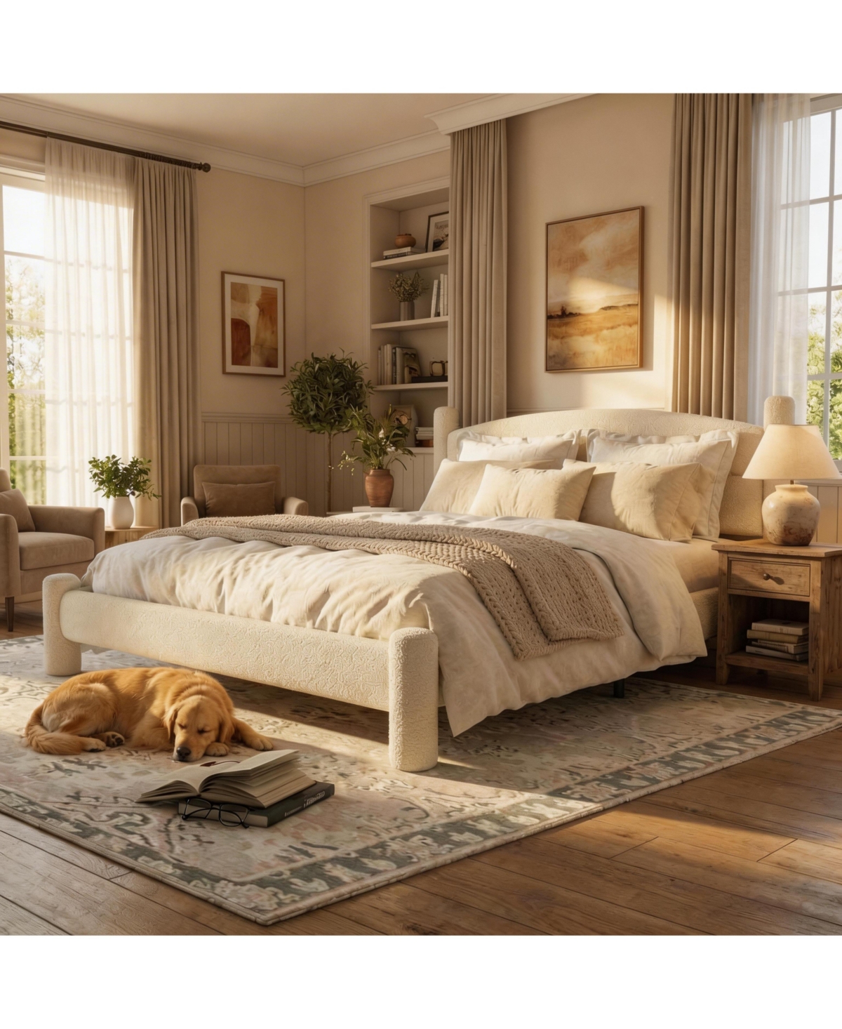 Homfan Boucle Bed Frame, Upholstered Platform Cloud Bed with Soft Round Headboard, Heavy Duty and Noise Free, No Box Spring Needed