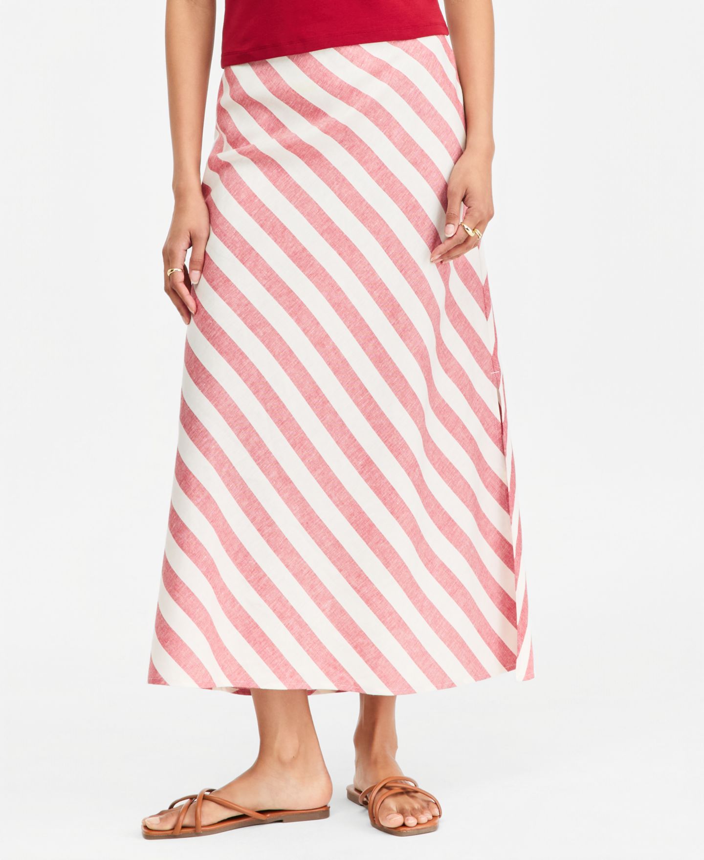 Женская юбка On 34th Stripe Linen Blend Side Slit, цвет: Красный комбинированный — фото 1