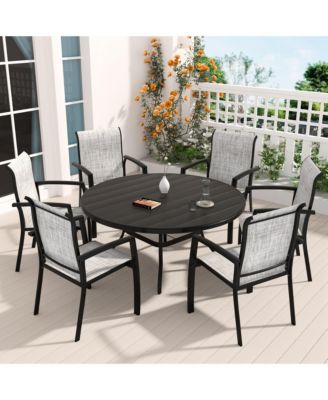 7-Piece Sandstone Outdoor Dining Set with 6 Ergonomic Textilene Chairs & Round Table with Umbrella Hole