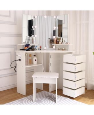 Corner Makeup Vanity Desk with LED Mirror - 3-Color Lighting, 5 Rotating Drawers, Power Outlet, Open Shelves and Stool, Dressing Table