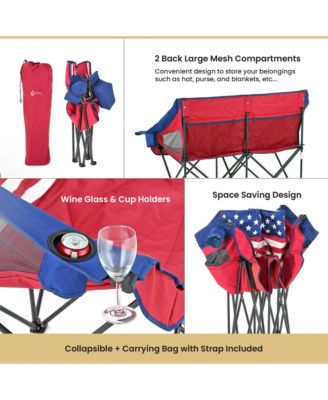  Portable Folding Double Duo Camping Chair Loveseat Couch w/ 2 Cup and Wine Glass Holders, Supports 650 lbs