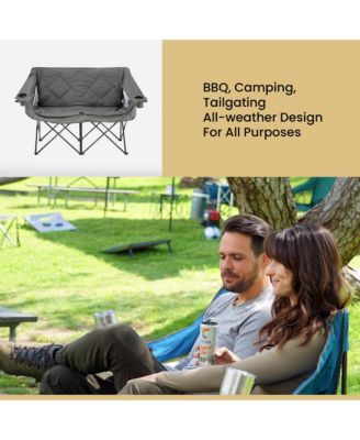  Portable Folding Double Duo Camping Chair Loveseat Couch w/ 2 Cup and Wine Glass Holders, Supports 650 lbs