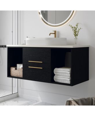 39.4 Inch Wall Mounted Modern Bathroom Vanity with Oval Ceramic Sink Floating Multi Layer Wood Cabinet Soft Close Drawers Open Shelf Storage