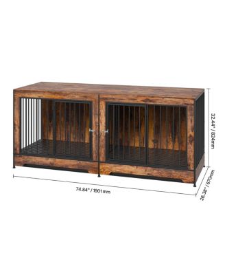 74" Dog House Kennel Table, Double Door Indoor Crate with Divider and Removable Trays