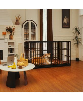 60" Dog House Crate, Heavy Duty Metal Kennel with Roof Door, Removable Trays and Mat