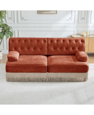 Velvet Loveseat Sofa, Mid-Century Inspired Upholstered Couch with Button Tufted Back and Floor-Grazing Tassel Skirt Living Room