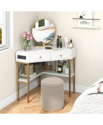 Triangular Corner Desk with Charging Station, 2 Drawers and Bottom Storage Shelf