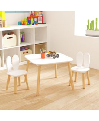 3 Piece Wood Table and Chair Set, w/ 2 Rabbit Themed Chairs, Wood Activity Table Drawing Play Table Set, Age 2-6 Boys Girls