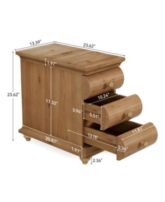 Solid Wood End Table Set of 2, 3 Drawers Narrow Sofa Side Table with Finished Back, Rustic Slim Nightstand Bedside Table