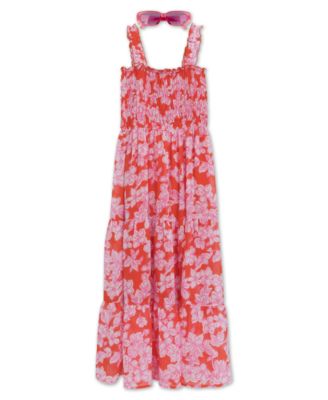 Girls' 8-16 Maxi Smocked Bodice Tier Dress with Sunglass