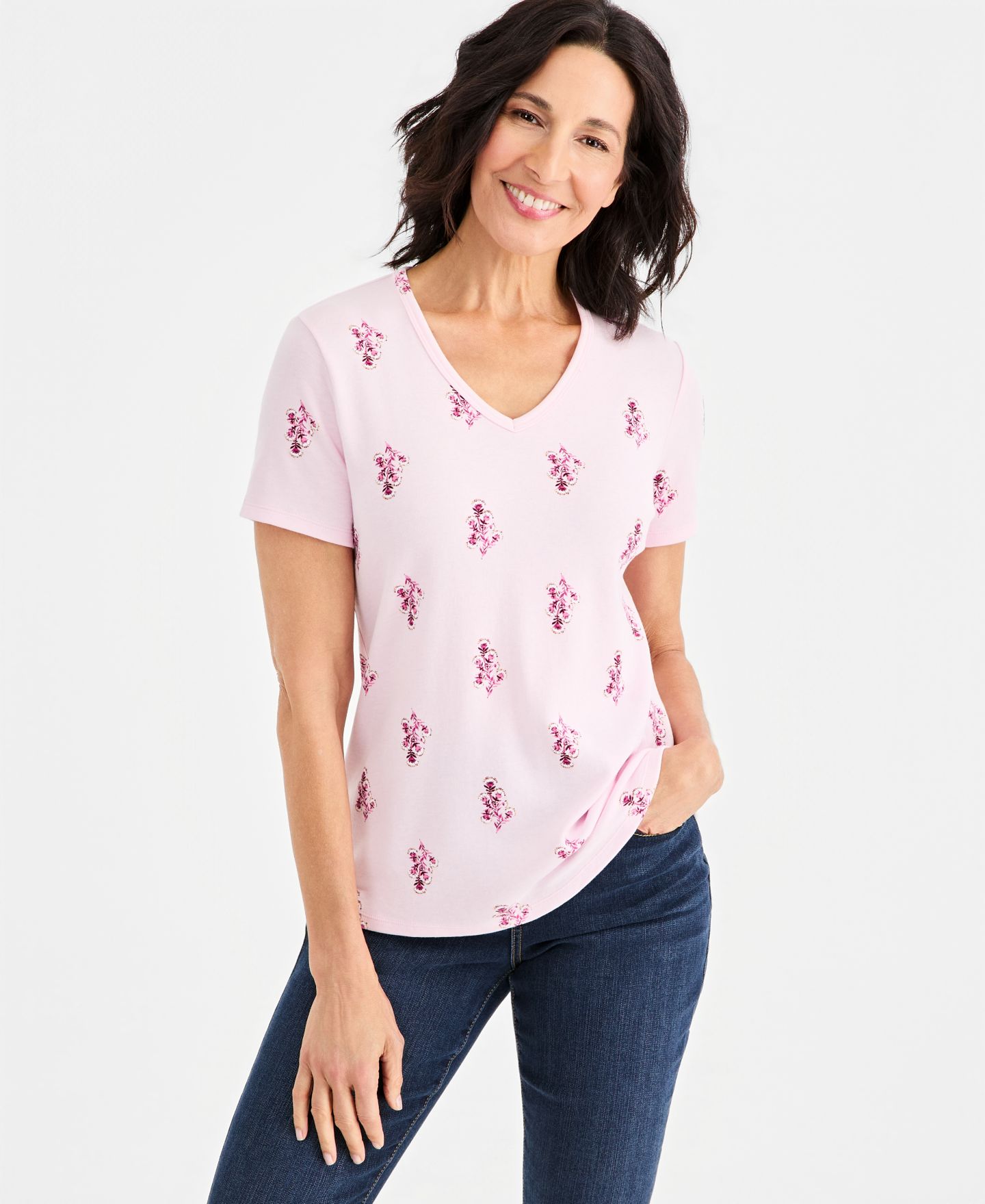 Женская футболка Style & Co Petite V-Neck Floral, цвет: Вишнёвый — фото 1