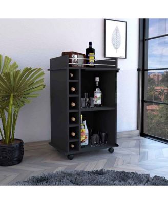 Wengue 2-Tier Glass Door Bar Cart with 6 Cubbies and Lockable Wheels