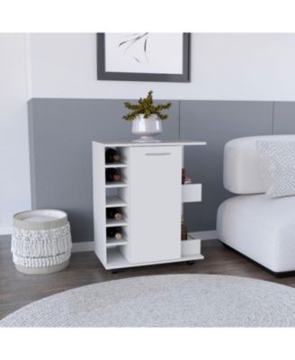 4-Wheel Bar Cart with 6 Bottle Racks, 2 Side Shelves and Wood Door Storage