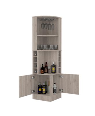 Corner Bar Cabinet with 8 Bottle Cubbies, Double Door and 2 Open Shelves