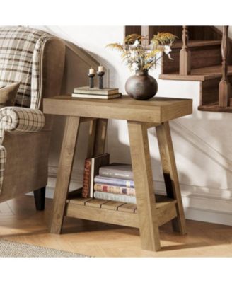 2-Tier Wooden End Table, Farmhouse Style, Rustic Grey, Small Sofa Side Table with Storage, Slim Nightstand
